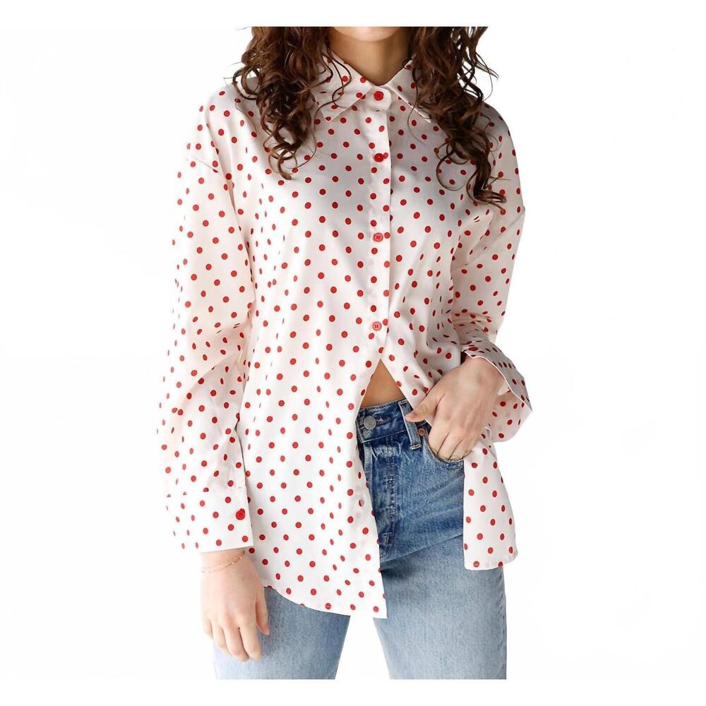 NEW GRACE + EMMA cherry crush polka dot button up in white/red
